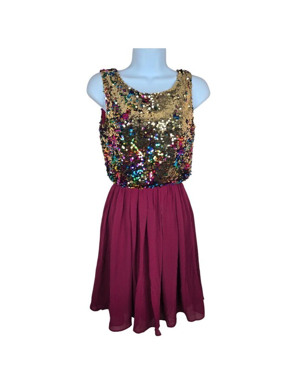 NEW Alythea Rainbow Sequin Burgundy Chiffon Skater Dress Size S Mini Party